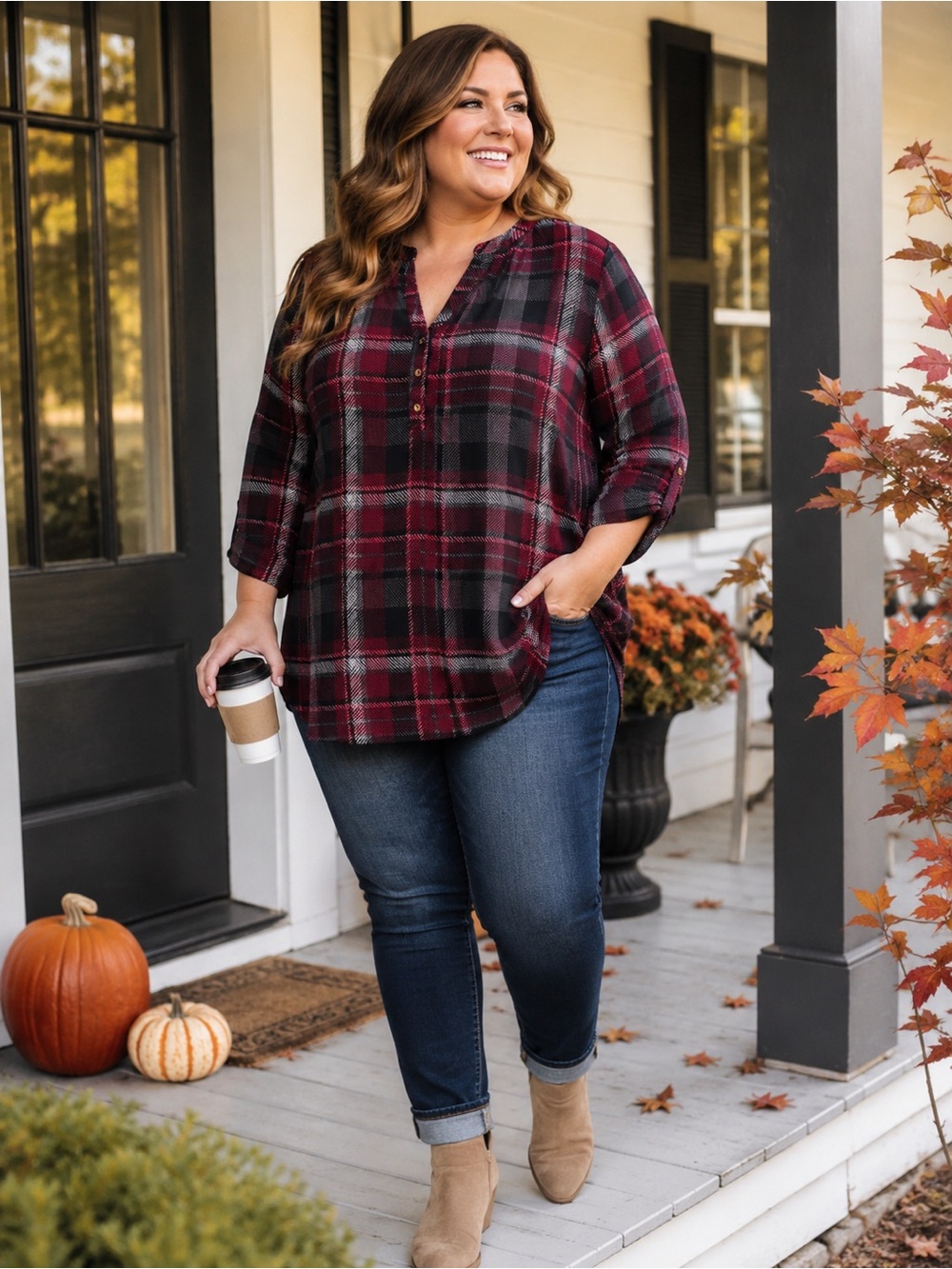 Zac & Rachel Woman 1X Plaid Blouse Burgundy Black Henley Roll Tab Long Sleeve